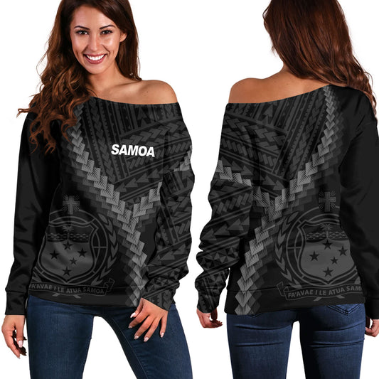 Samoa Off Shoulder Sweatshirt Samoa Coat Of Arms With Polynesian Tattoo Style