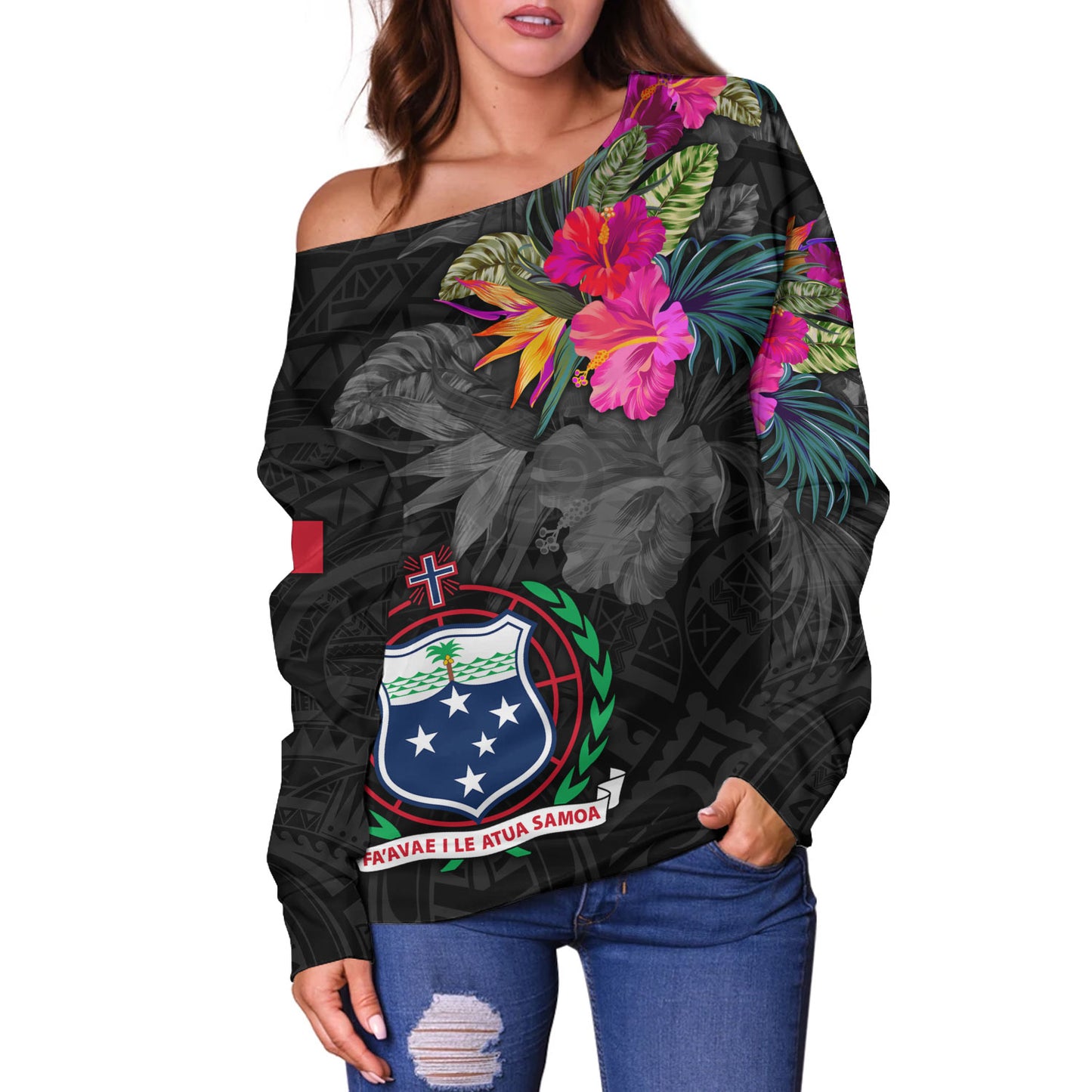 Samoa Off Shoulder Sweatshirt Custom Samoa Coat Of Arms With Tropical Flowers Special