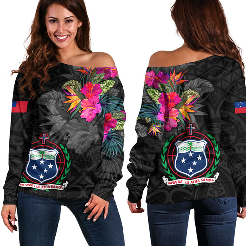 Samoa Off Shoulder Sweatshirt Custom Samoa Coat Of Arms With Tropical Flowers Special