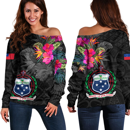 Samoa Off Shoulder Sweatshirt Custom Samoa Coat Of Arms With Tropical Flowers Special