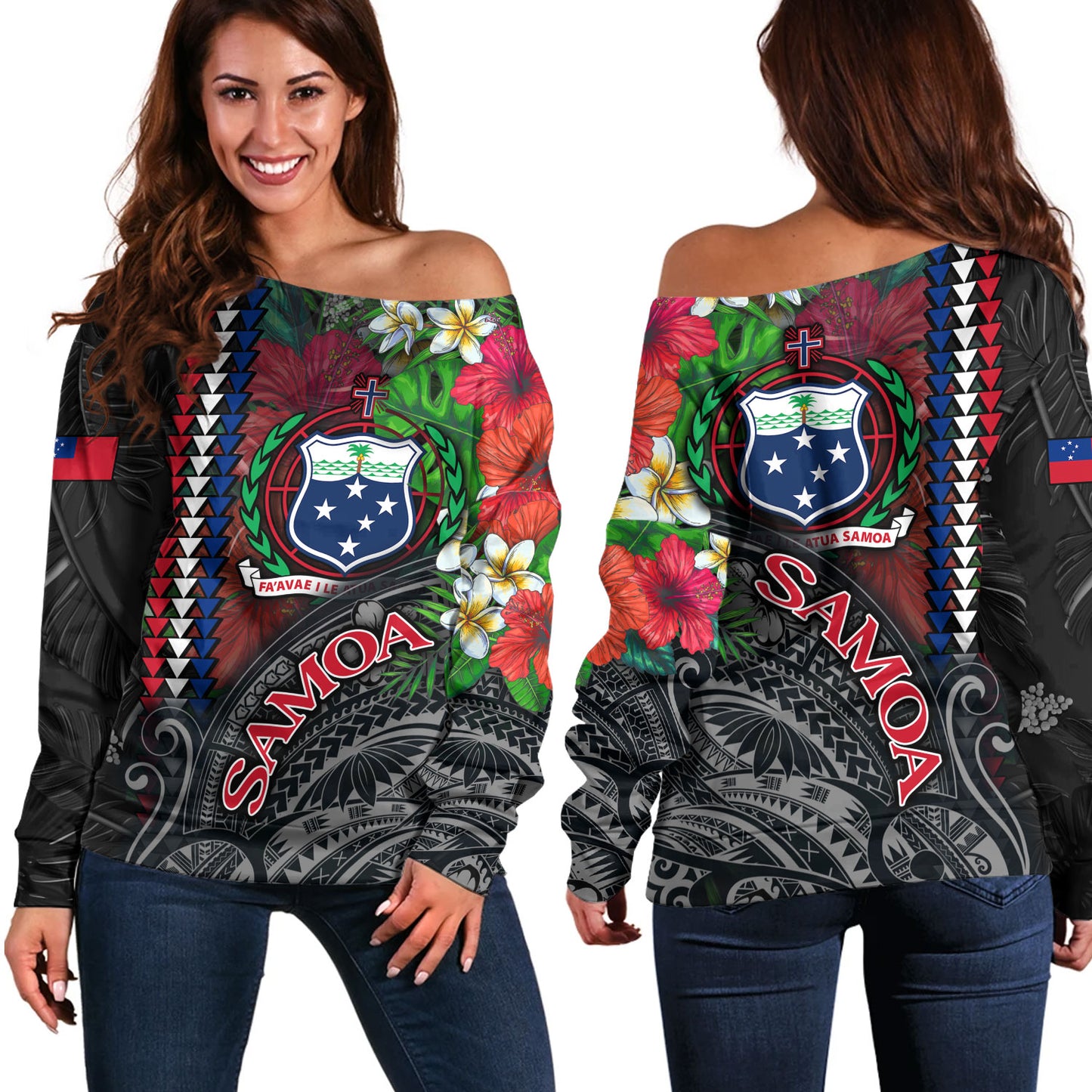 Samoa Custom Personalised Off Shoulder Sweatshirt Samoa Seal Hibiscus And Plumeria With Palm Branches Vintage Style