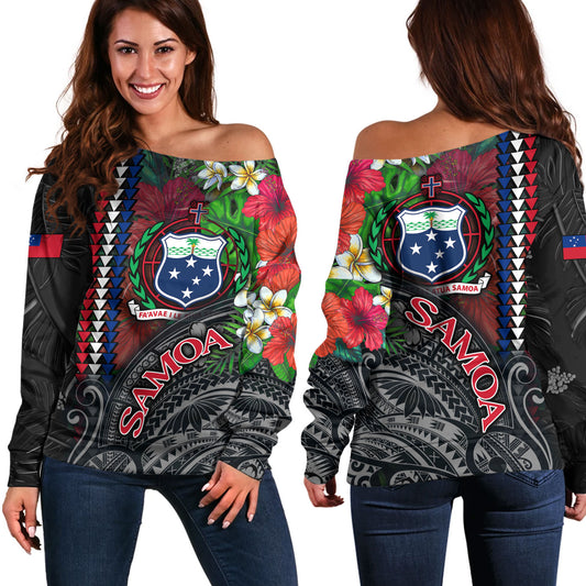 Samoa Custom Personalised Off Shoulder Sweatshirt Samoa Seal Hibiscus And Plumeria With Palm Branches Vintage Style