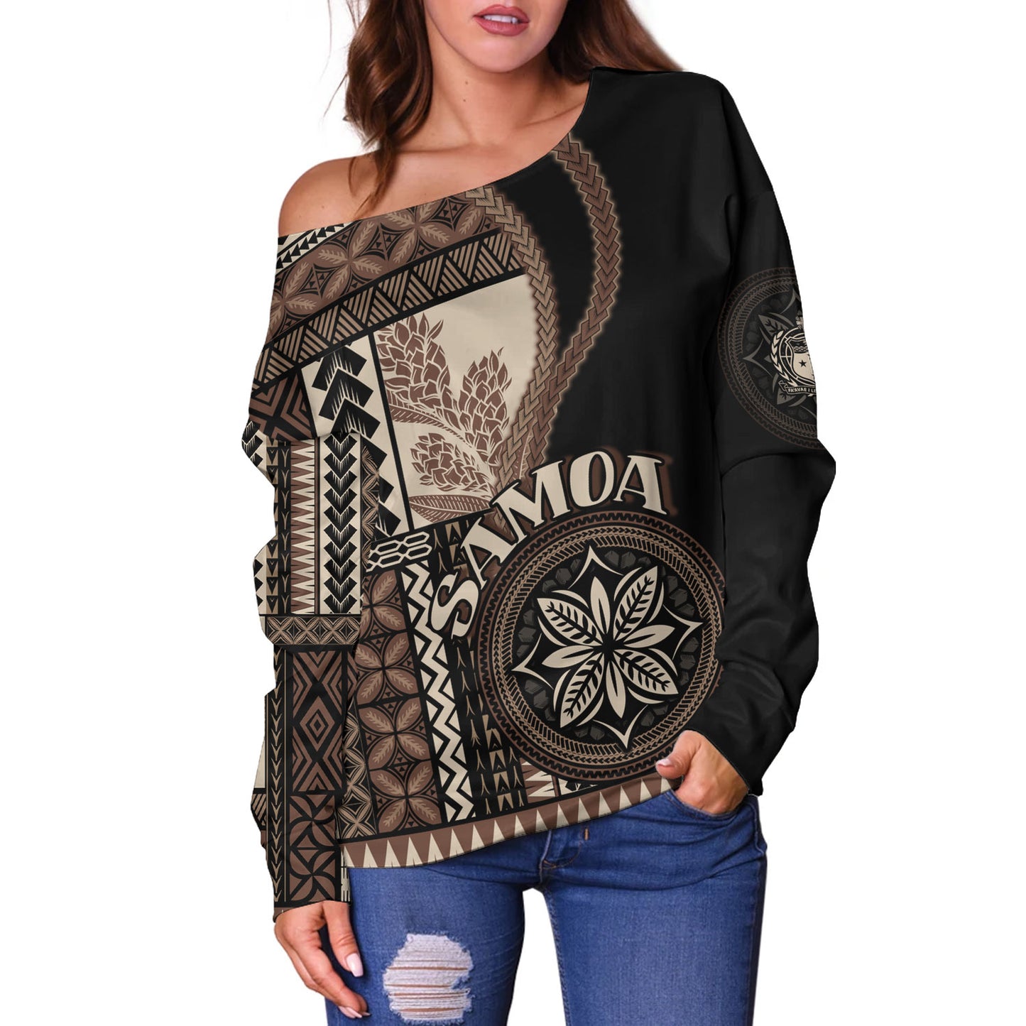 Samoa Off Shoulder Sweatshirt Custom Samoan Siapo Motif Classic Style