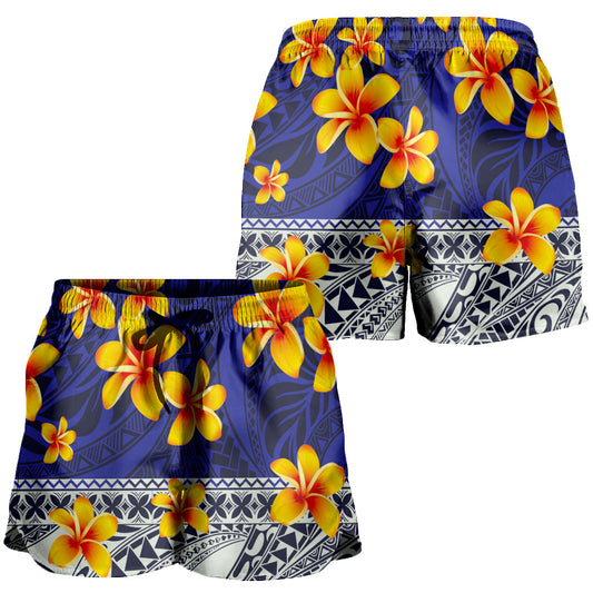 Samoa Women Shorts Plumeria Flower Fabric Design Blue