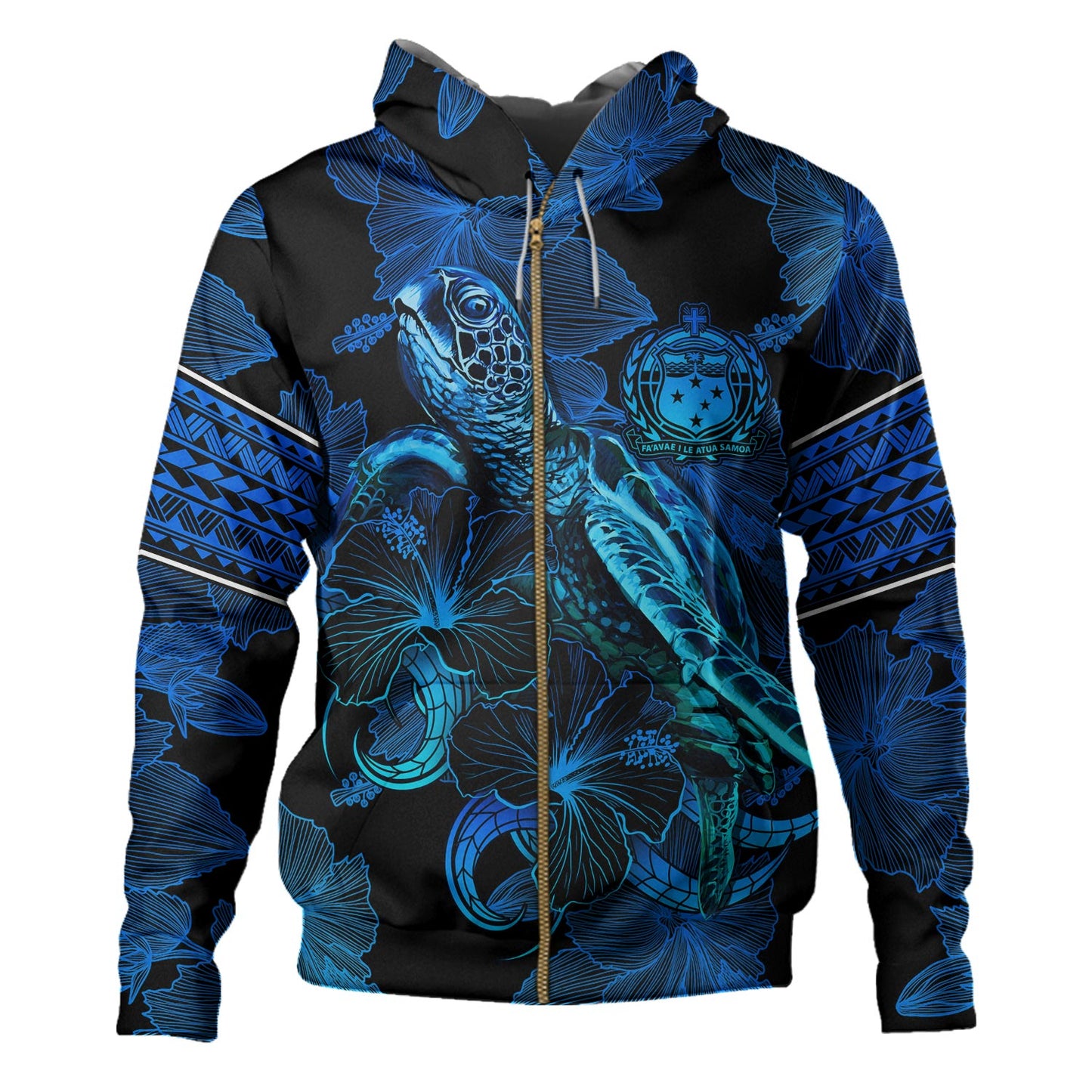 Samoa Hoodie Sea Turtle With Blooming Hibiscus Flowers Tribal Blue