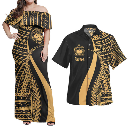 Samoa Combo Dress And Shirt - Polynesian Tentacle Tribal Pattern Gold