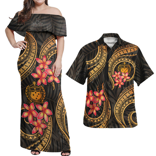 Samoa Polynesian Pattern Combo Dress And Shirt Gold Plumeria
