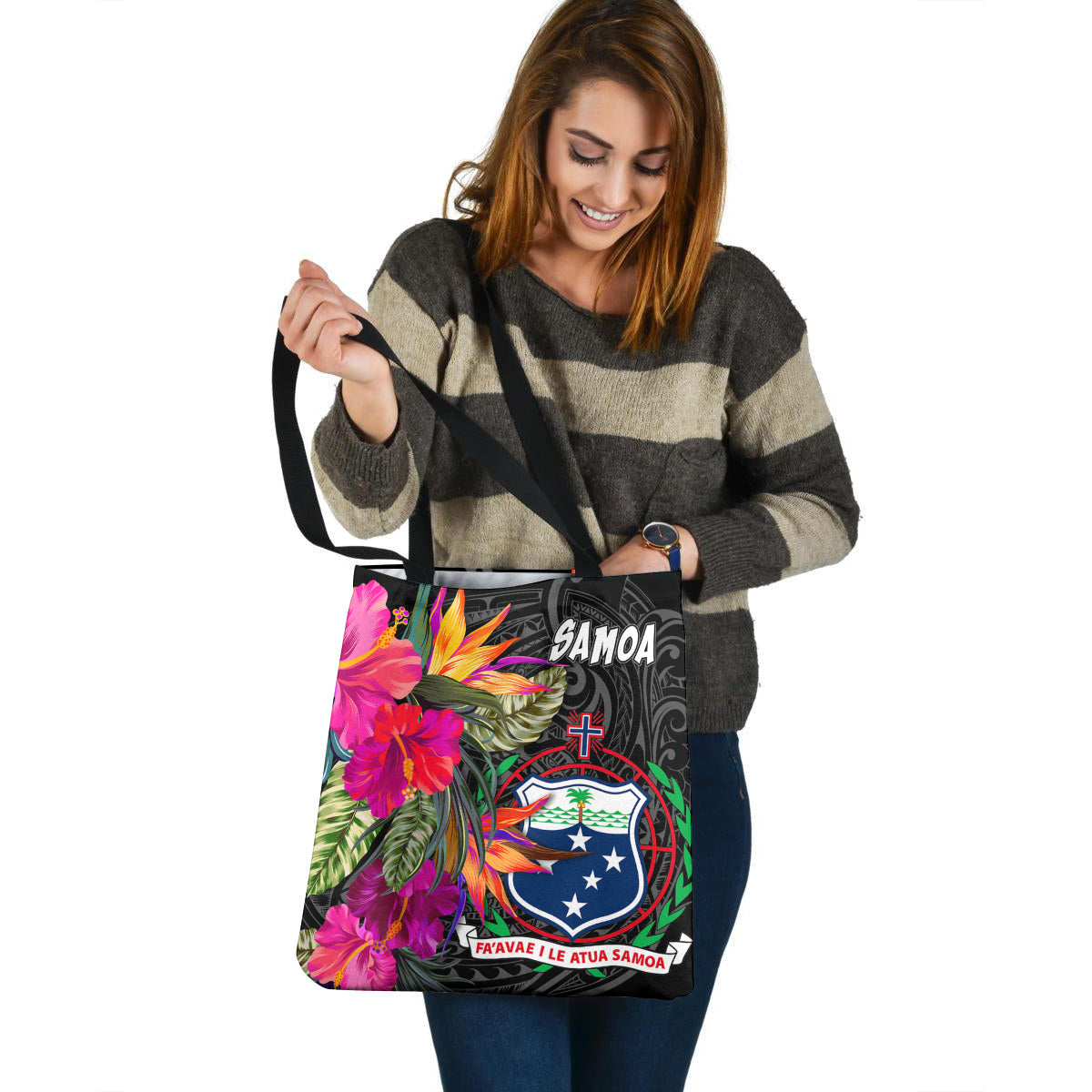 Samoa Custom Personalised Tote Bag Polynesian Hibiscus Pattern