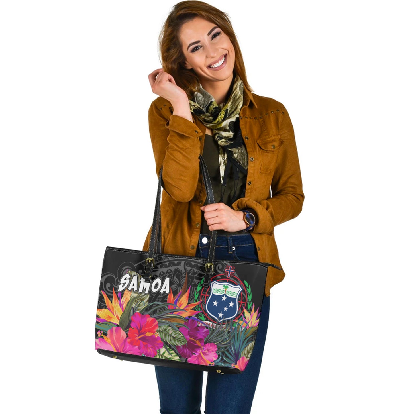 Samoa Custom Personalised Leather Tote Polynesian Hibiscus Pattern