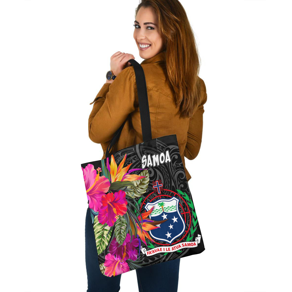 Samoa Custom Personalised Tote Bag Polynesian Hibiscus Pattern