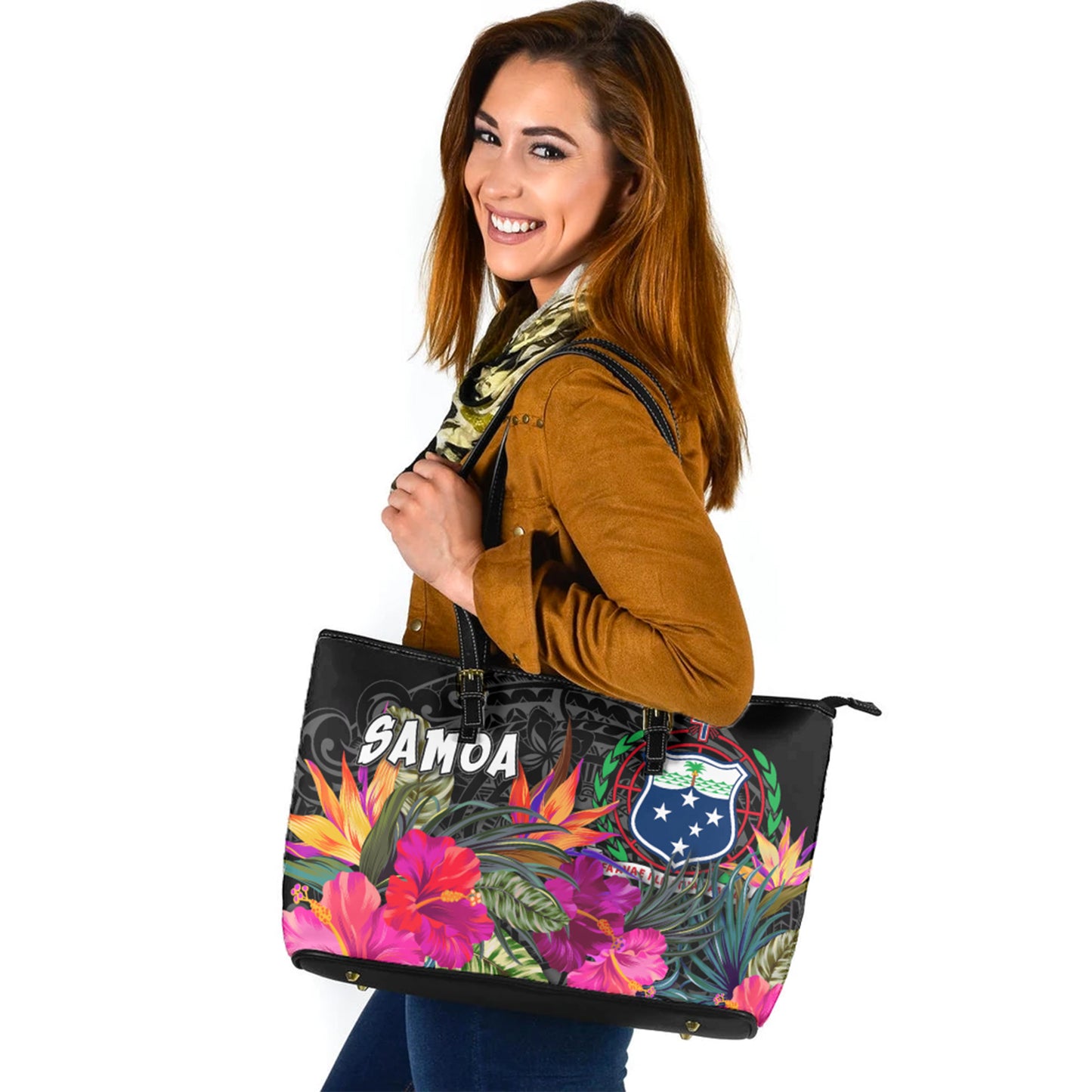 Samoa Custom Personalised Leather Tote Polynesian Hibiscus Pattern
