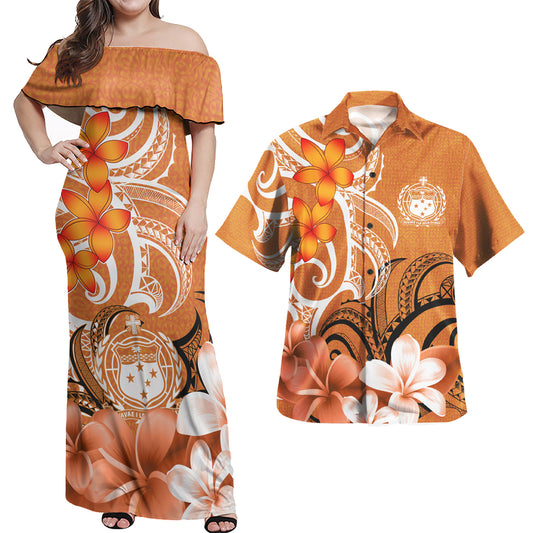Samoa Polynesian Pattern Combo Dress And Shirt - Floral Spirit Orange