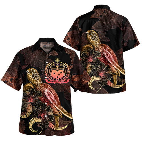 Samoa Short Sleeve Shirt - Custom Samoa Coat Of Arms With Turtle Blooming Hibiscus Gold
