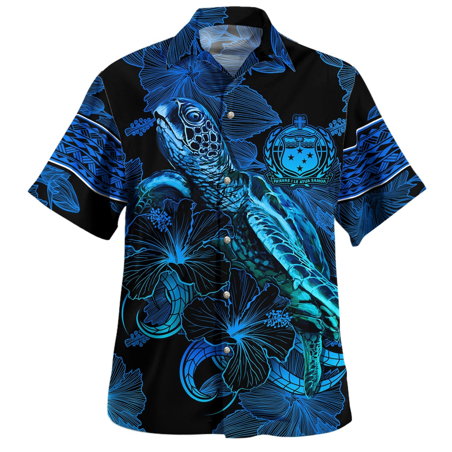 Samoa Hawaiian Shirt Sea Turtle With Blooming Hibiscus Flowers Tribal Blue