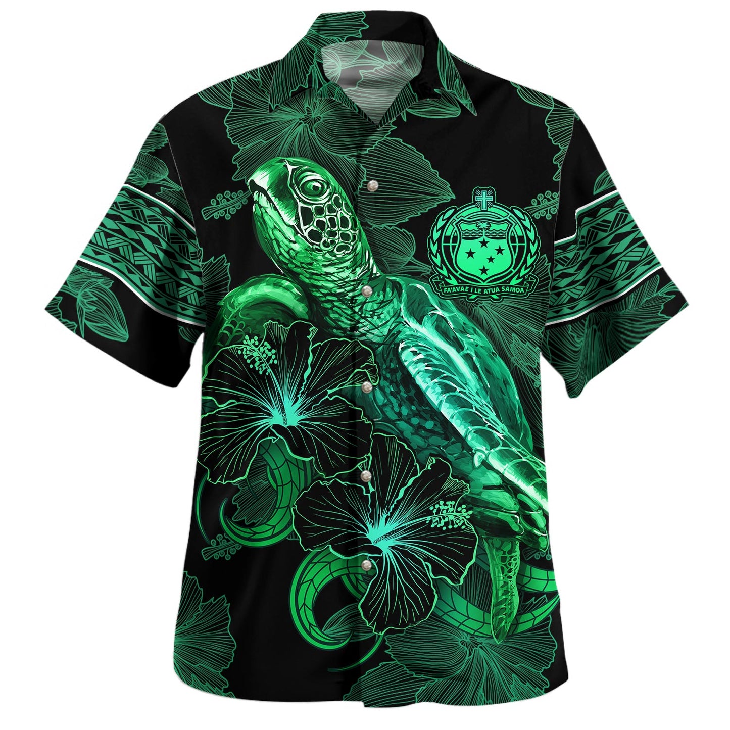 Samoa Hawaiian Shirt  Sea Turtle With Blooming Hibiscus Flowers Tribal Green