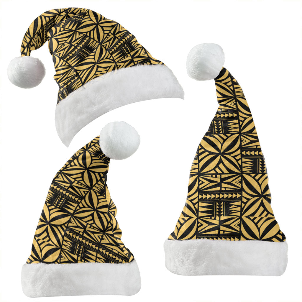 Samoa Christmas Hat Design Stretch Print Fabric Gold