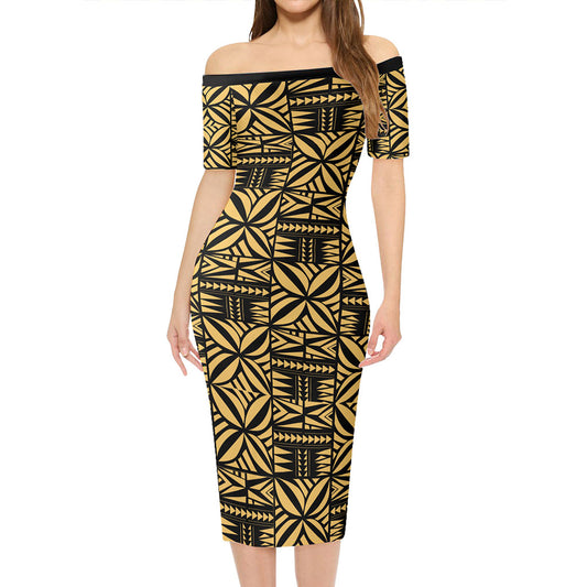 Samoa Short Sleeve Off The Shoulder Lady Dress Samoan Design Stretch Print Fabric