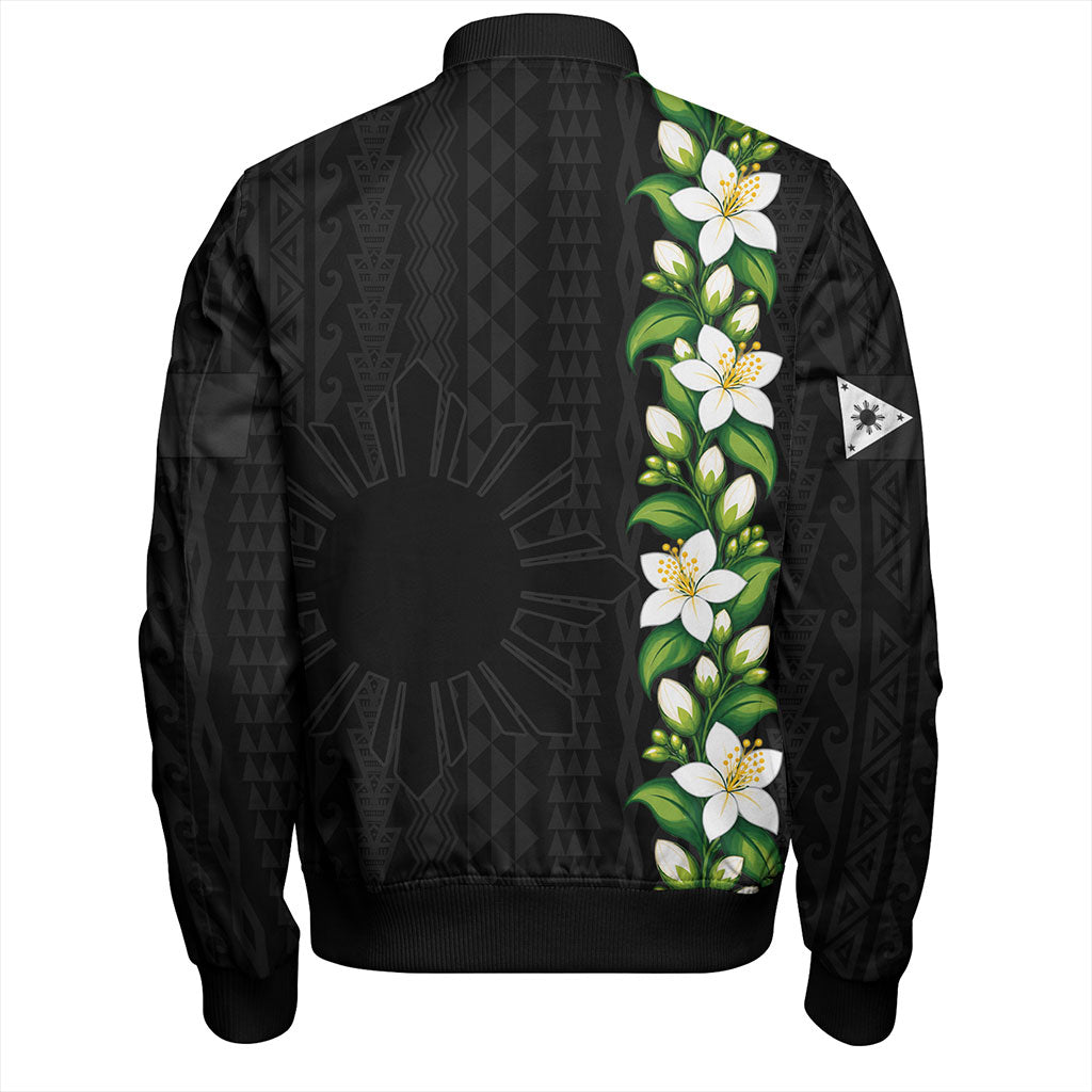 Philippines Filipinos Bomber Jacket Sampaguita Flower Tribal Polynesian Sun Island Style