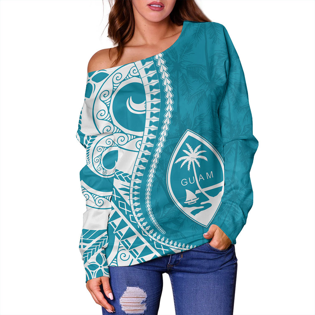 Guam Off Shoulder Sweatshirt Seat Tribal Island Coconut Tree Design
