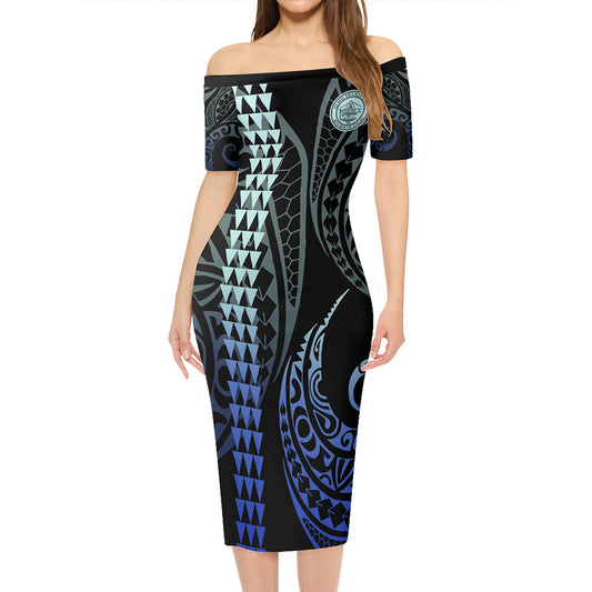 Marshall Islands Short Sleeve Off The Shoulder Lady Dress Kakau Style Gradient Blue