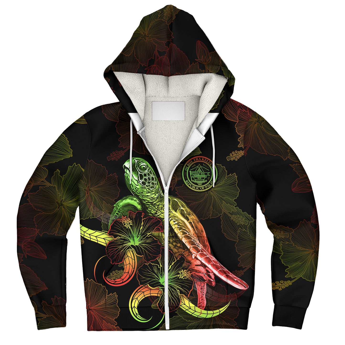 Palau Sherpa Hoodie Sea Turtle With Blooming Hibiscus Flowers Reggae