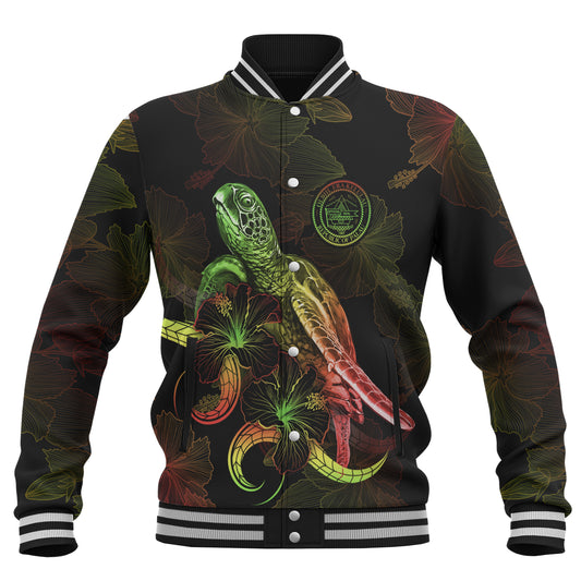 Palau Baseball Jacket Sea Turtle With Blooming Hibiscus Flowers Reggae