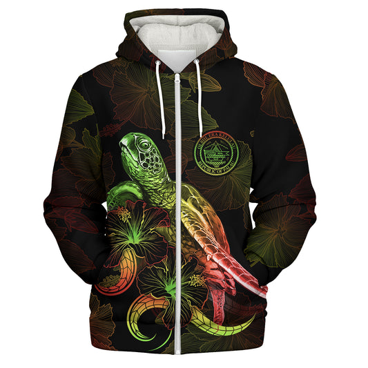 Palau Sherpa Hoodie Sea Turtle With Blooming Hibiscus Flowers Reggae