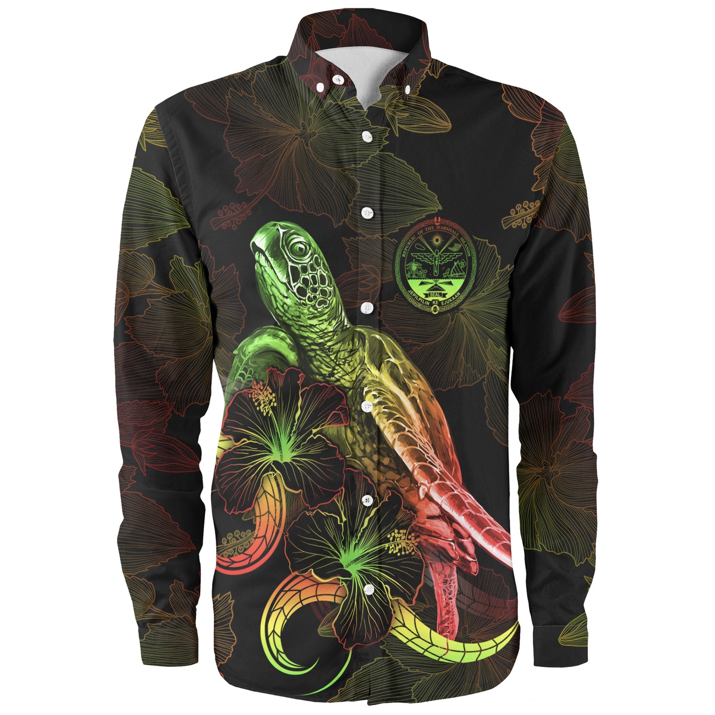 Marshall Islands Long Sleeve Shirt Sea Turtle With Blooming Hibiscus Flowers Reggae