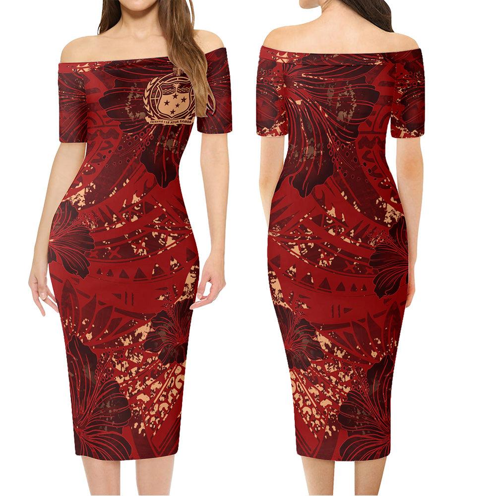 Samoa Combo Short Sleeve Dress And Shirt Hibiscus With Polynesian Pattern Red Version