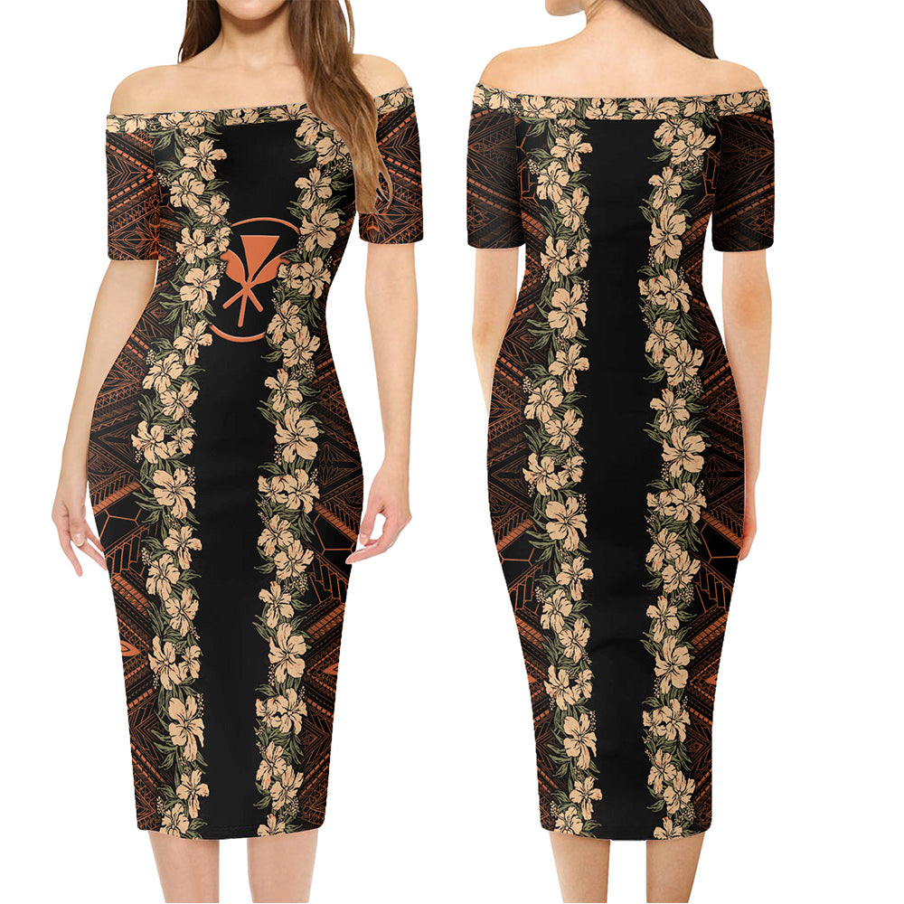 Hawaii Combo Short Sleeve Dress And Shirt Kanaka Maoli Orange Polynesian Pattern With Hibiscus