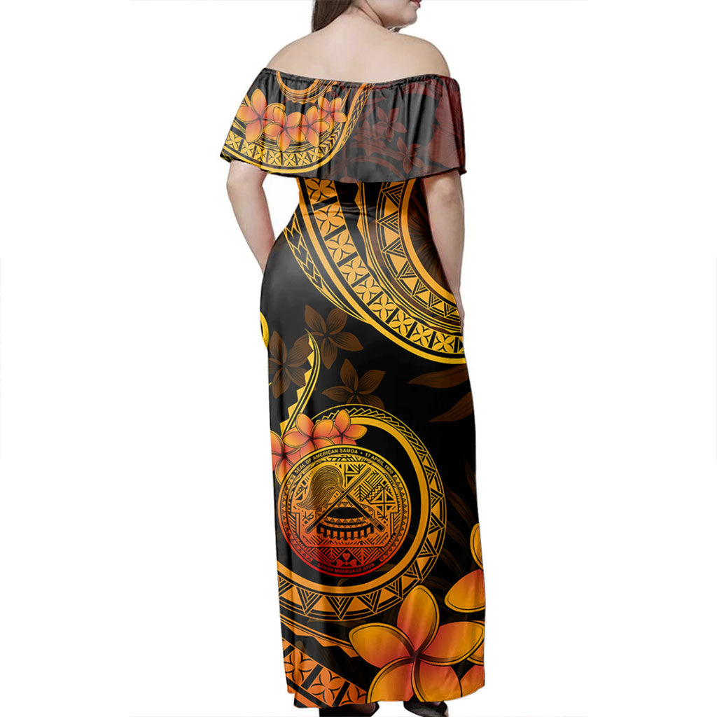 American Samoa Woman Off Shoulder Long Dress Tribal Plumeria Siapo Coat Of Arms Orange