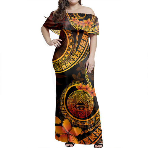 American Samoa Woman Off Shoulder Long Dress Tribal Plumeria Siapo Coat Of Arms Orange