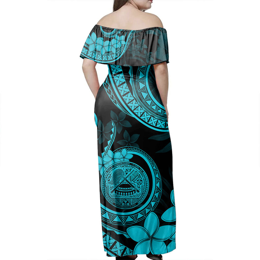 American Samoa Woman Off Shoulder Long Dress Tribal Plumeria Siapo Coat Of Arms Turquoise