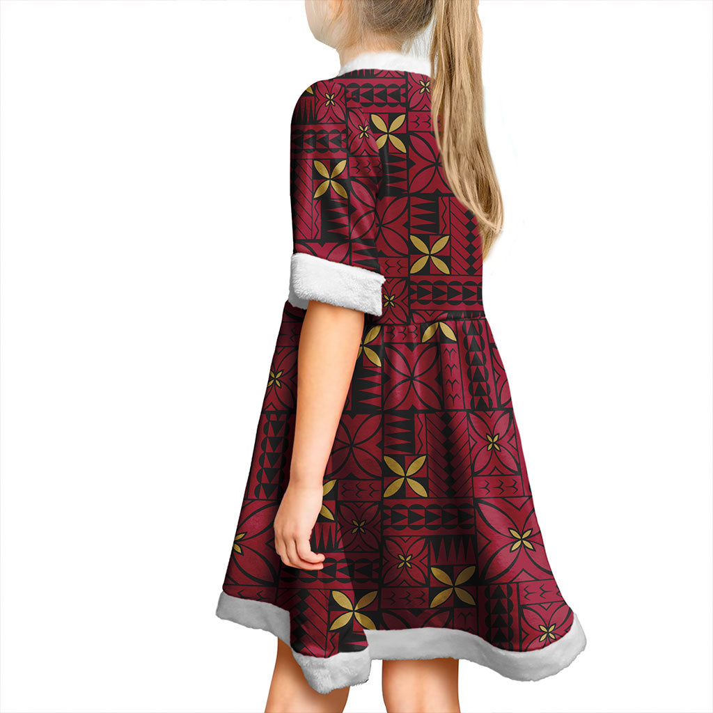 Samoa Women and Kid Christmas Dress Siapo Design Tribal Pattern Red