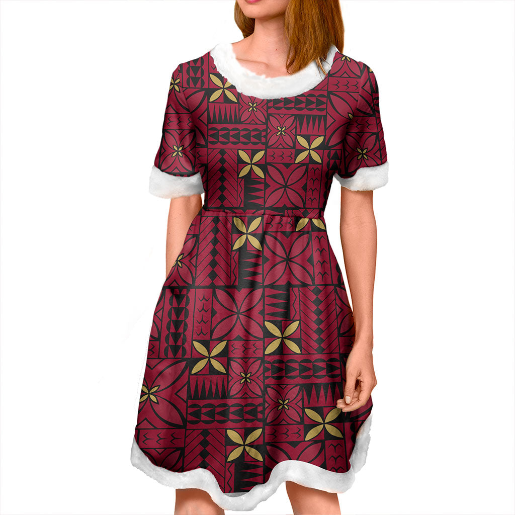Samoa Women and Kid Christmas Dress Siapo Design Tribal Pattern Red