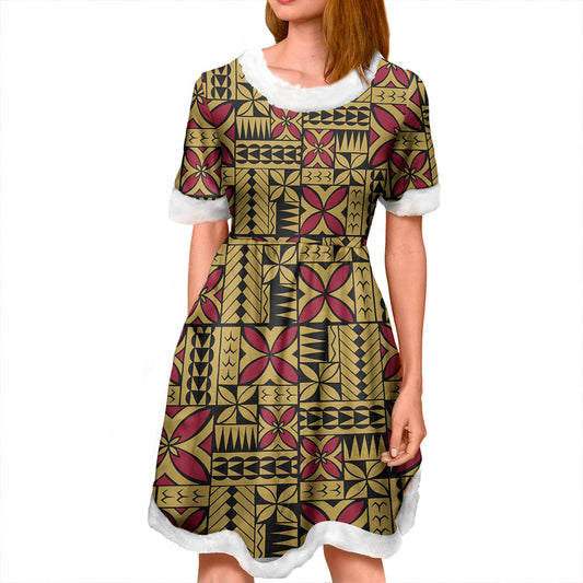 Samoa Women and Kid Christmas Dress Siapo Design Tribal Pattern