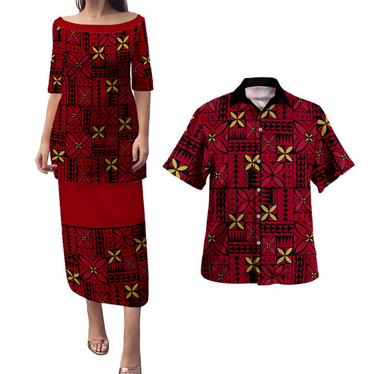 Samoa Combo Puletasi And Shirt Siapo Design Tribal Pattern Red