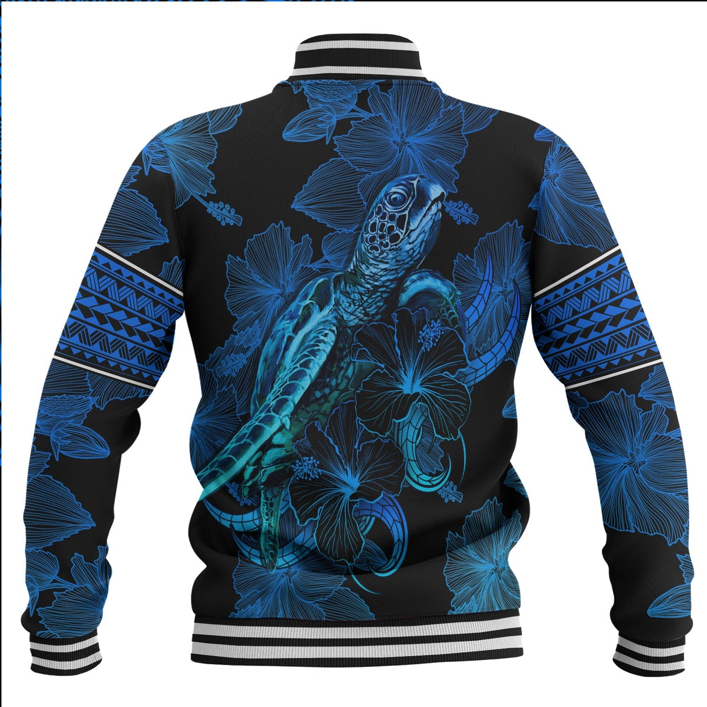 Solomon Islands Baseball Jacket Sea Turtle With Blooming Hibiscus Flowers Tribal Blue