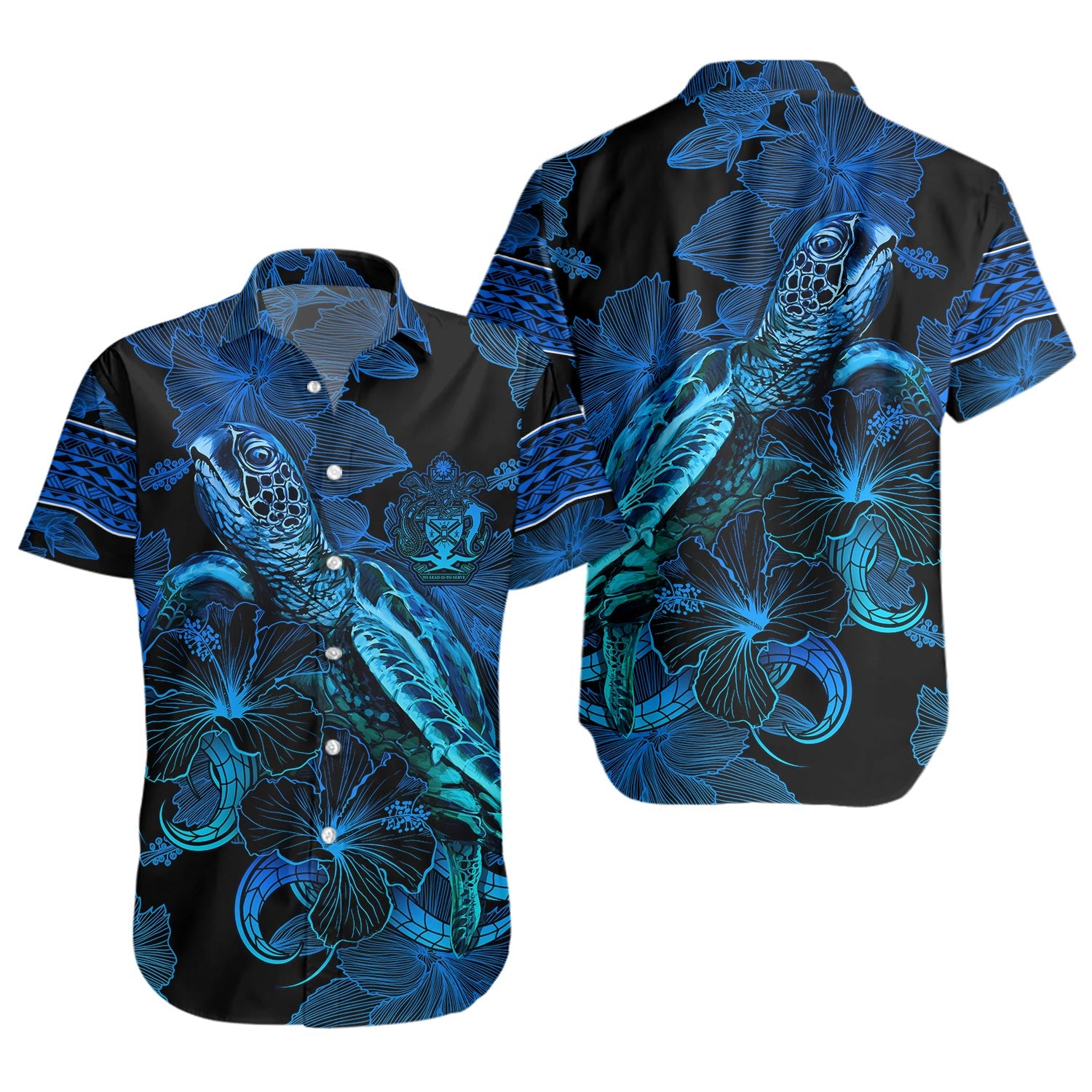 Solomon Islands Short Sleeve Shirt Sea Turtle With Blooming Hibiscus Flowers Tribal Blue