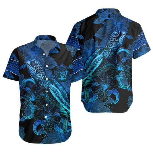 Solomon Islands Short Sleeve Shirt Sea Turtle With Blooming Hibiscus Flowers Tribal Blue