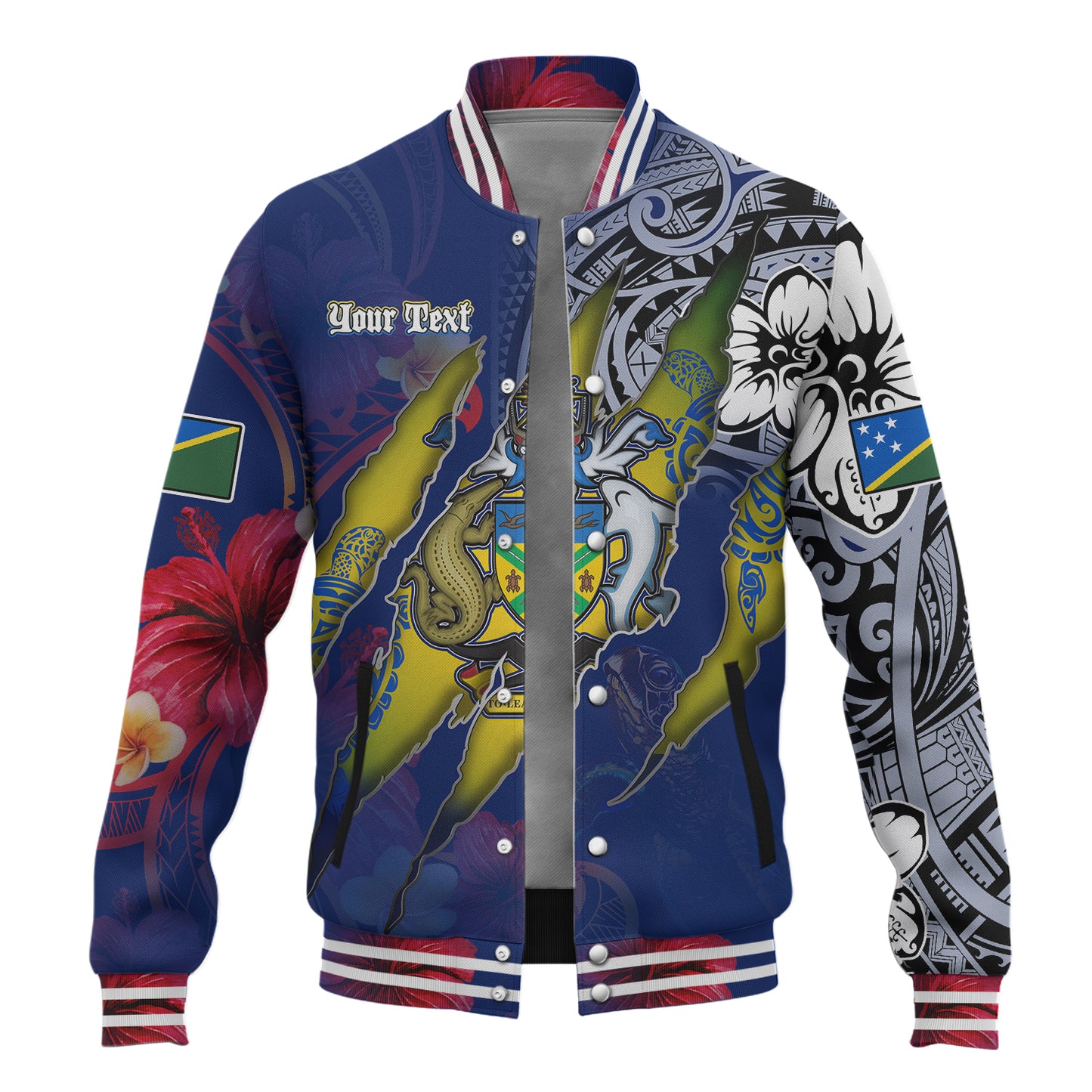 Solomon Islands Baseball Jacket Custom Solomon Islander Blood Inside Me Polynesian Sleeve Tattoo Tropical Blue