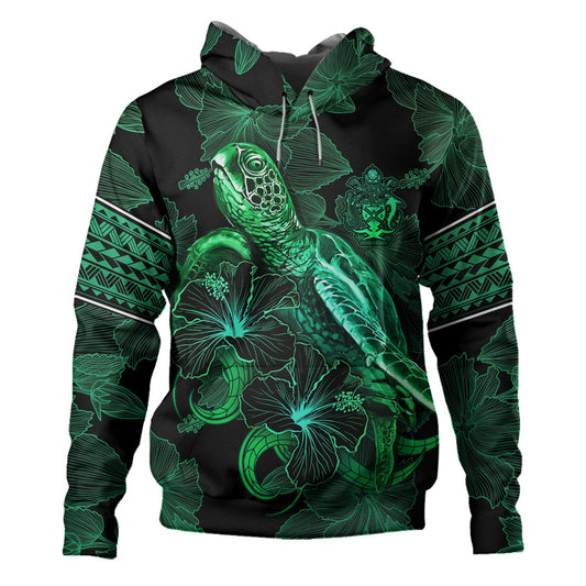 Solomon Islands Hoodie  Sea Turtle With Blooming Hibiscus Flowers Tribal Green