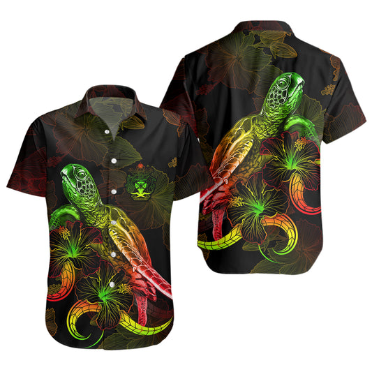 Solomon Islands Short Sleeve Shirt Sea Turtle With Blooming Hibiscus Flowers Reggae
