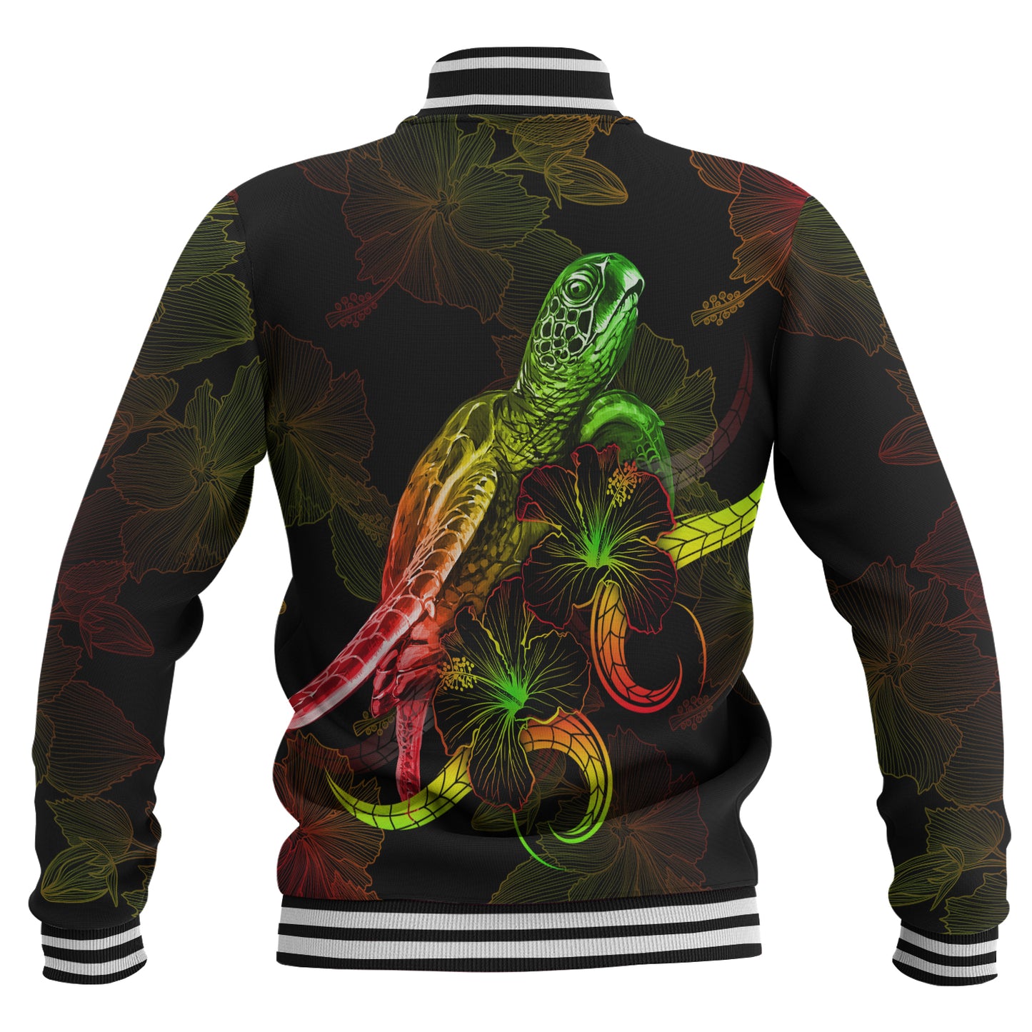 Solomon Islands Baseball Jacket Sea Turtle With Blooming Hibiscus Flowers Reggae