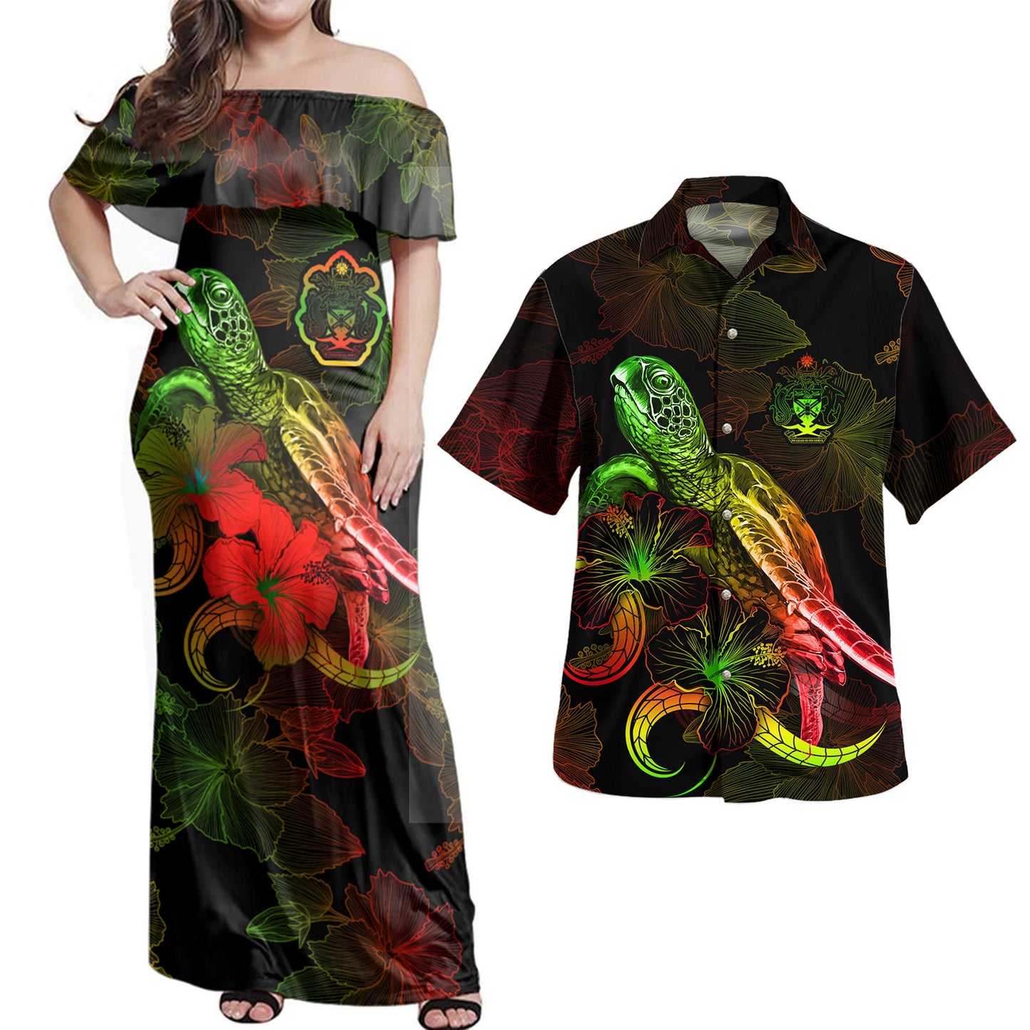 Solomon Islands Combo Dress And Shirt - Sea Turtle With Blooming Hibiscus Flowers Reggae