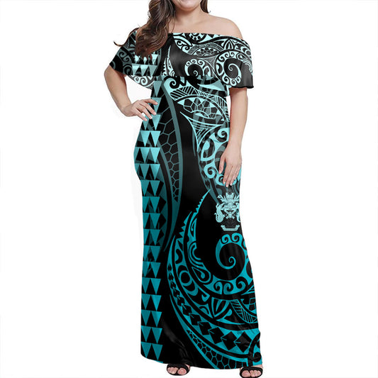 Solomon Islands Off Shoulder Long Dress Kakau Style Turquoise