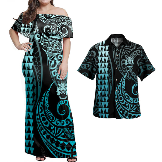 Solomon Islands Combo Dress And Shirt Kakau Style Turquoise