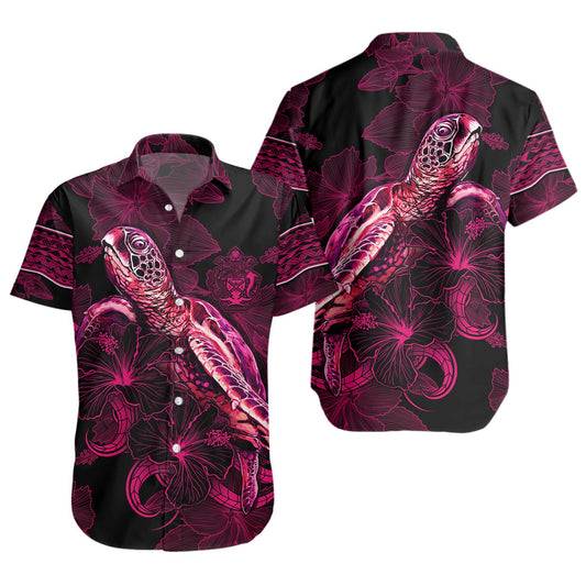 Solomon Islands Short Sleeve Shirt Sea Turtle With Blooming Hibiscus Flowers Tribal Maroon