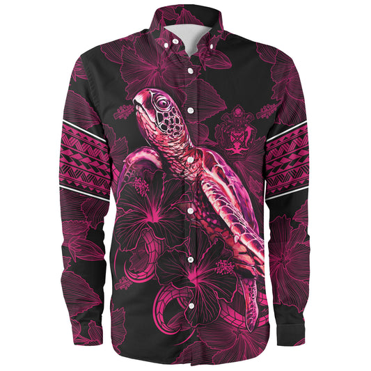Solomon Islands Long Sleeve Shirt Sea Turtle With Blooming Hibiscus Flowers Tribal Maroon