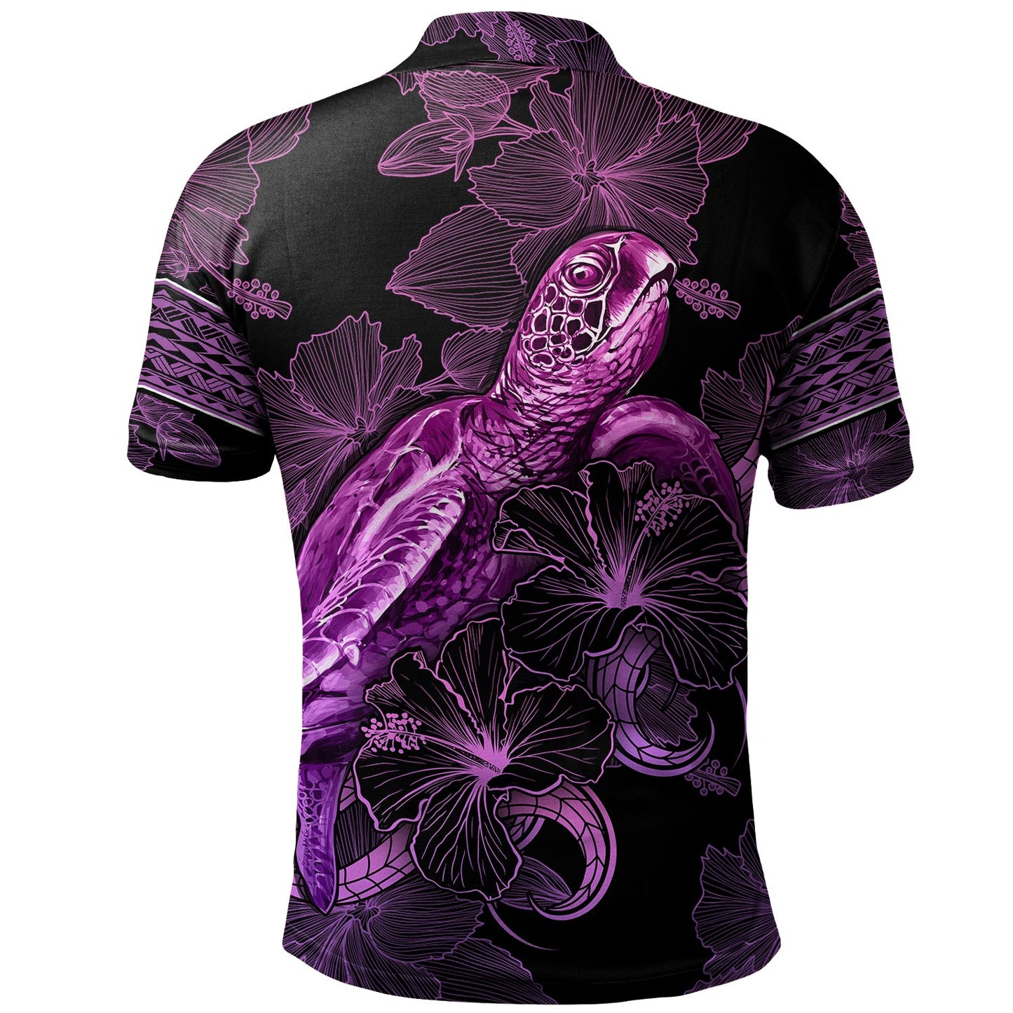 Solomon Islands Polo Shirt Sea Turtle With Blooming Hibiscus Flowers Tribal Purple
